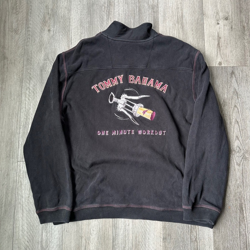 Tommy Bahama embroidered Black 1/4 Zip Pullover sweater "1 Minute Workout" XXL